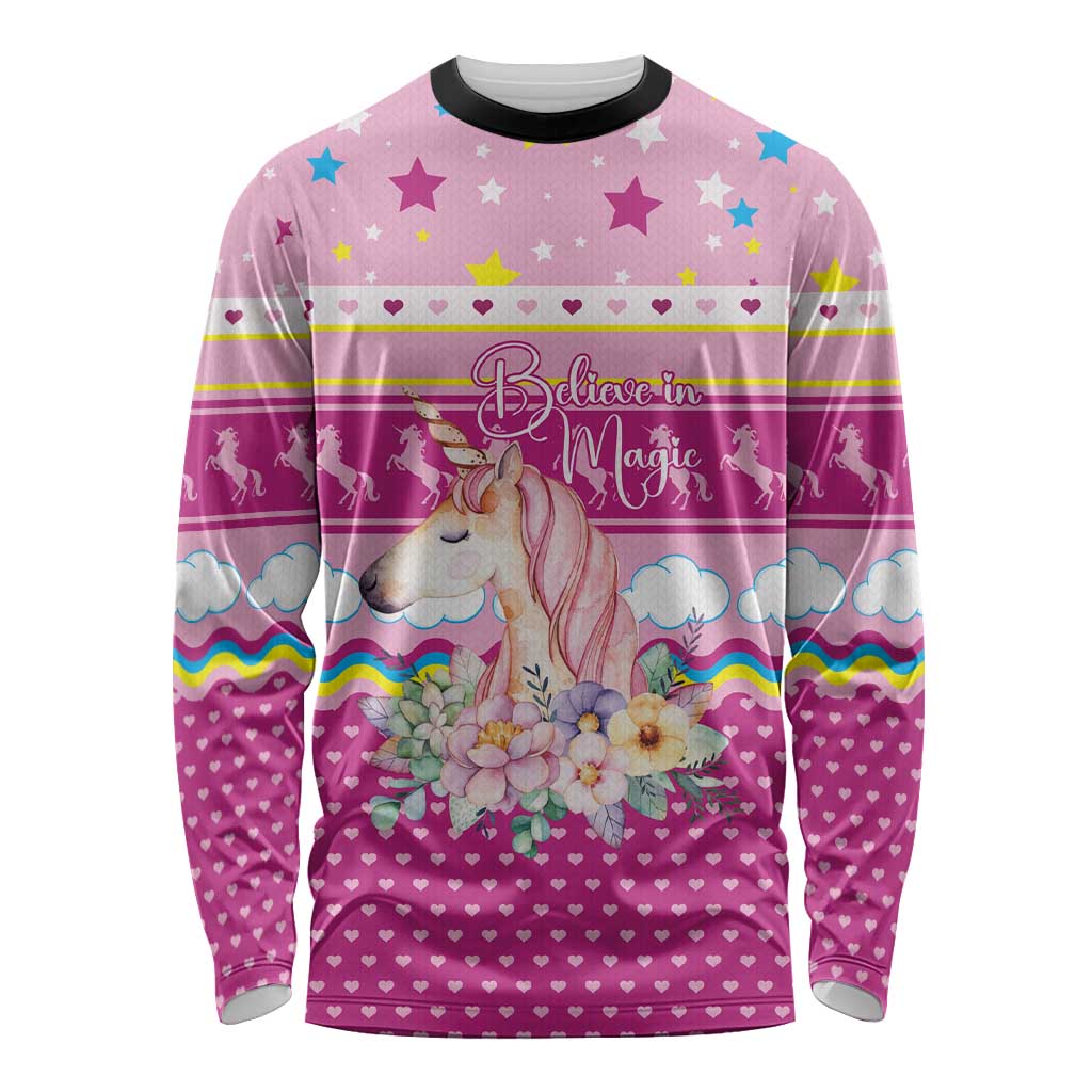 Unicorn Believe In Magic Christmas Long Sleeve Shirt with Believe in Magic Quote Pink Hearts Stars and Rainbow - Wonder Print Shop