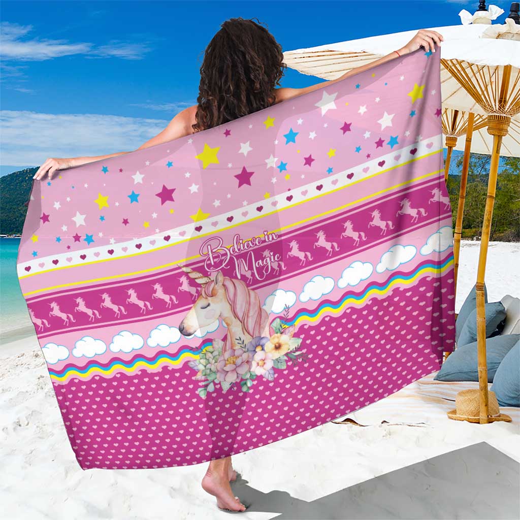 Unicorn Believe In Magic Christmas Sarong with Believe in Magic Quote Pink Hearts Stars and Rainbow - Wonder Print Shop