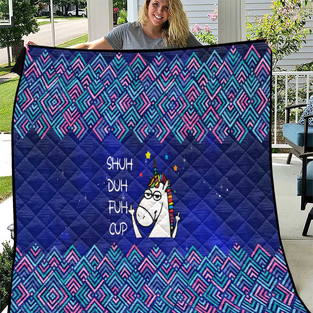 Funny Unicorn Quilt with Shuh Duh Fuh Cup Quote Blue Geometric and Cartoon - Wonder Print Shop
