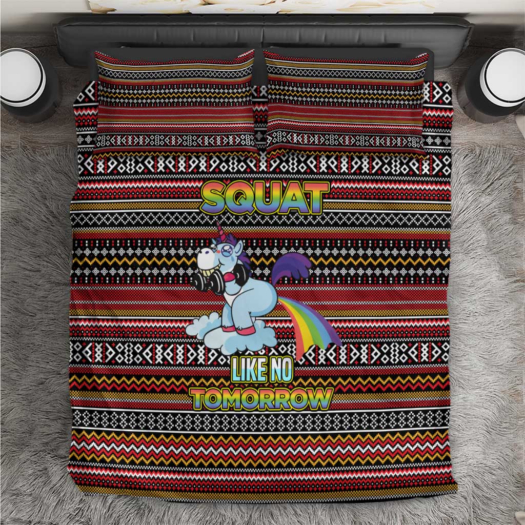 Funny Unicorn Workout Bedding Set with Squat Like No Tomorrow Quote and Rainbow Tribal - Wonder Print Shop