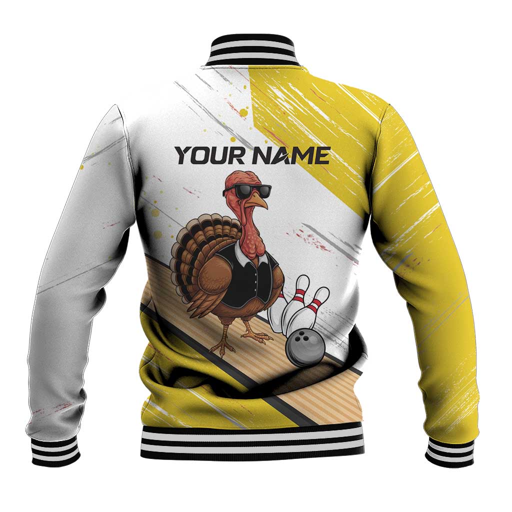 Personalized Funny Turkey Bowling Baseball Jacket with Cool Sunglasses Pins Yellow and White - Wonder Print Shop