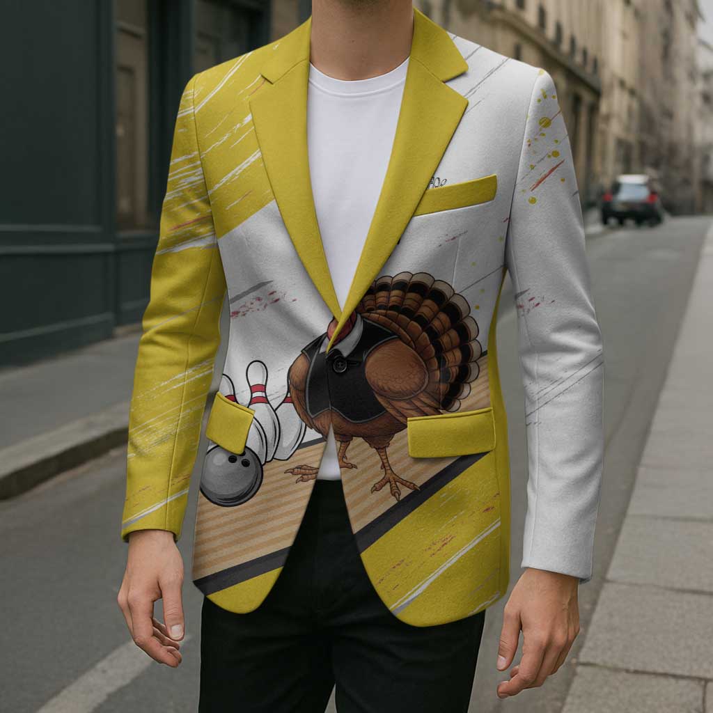 Personalized Funny Turkey Bowling Blazer with Cool Sunglasses Pins Yellow and White - Wonder Print Shop