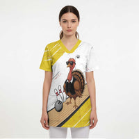 Personalized Funny Turkey Bowling Scrub Top with Cool Sunglasses Pins Yellow and White - Wonder Print Shop