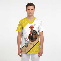 Personalized Funny Turkey Bowling Scrub Top with Cool Sunglasses Pins Yellow and White - Wonder Print Shop