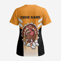 Personalized Funny Turkey Bowling Scrub Top with Cartoon Pins Thanksgiving - Wonder Print Shop