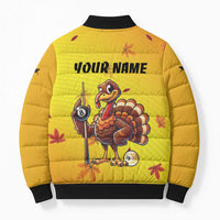 Personalized Funny Turkey Billiards Bomber Puffer Jacket with Pool Cue and Balls Thanksgiving Design - Wonder Print Shop
