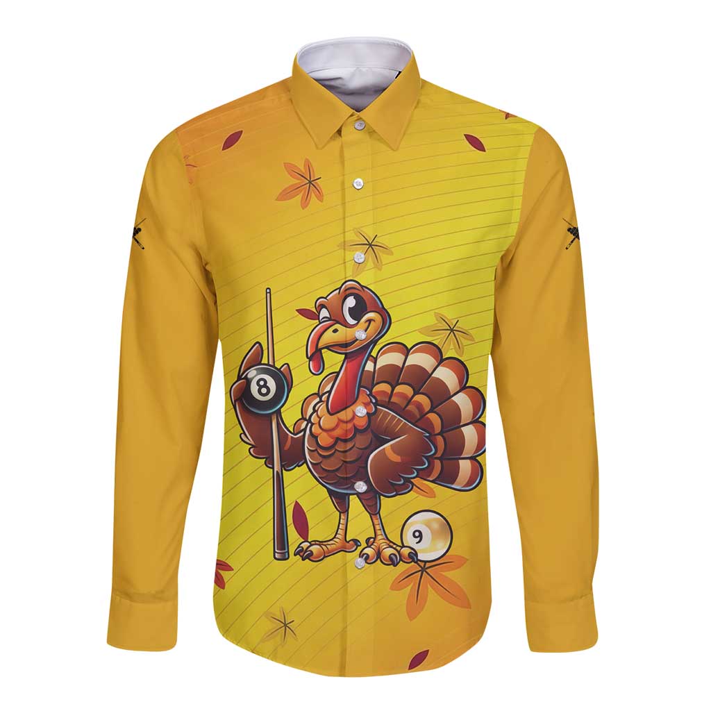 Personalized Funny Turkey Billiards Long Sleeve Button Shirt with Pool Cue and Balls Thanksgiving Design - Wonder Print Shop