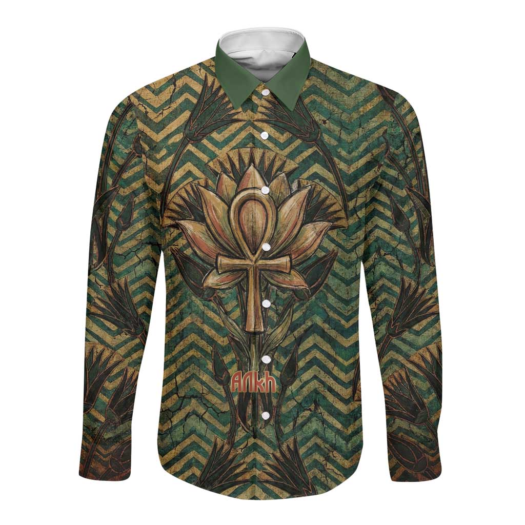 Khepri Long Sleeve Button Shirt Ancient Egyptian Chevron, Scarab Ankh and Winged Khepri Guardian Motif - Wonder Print Shop