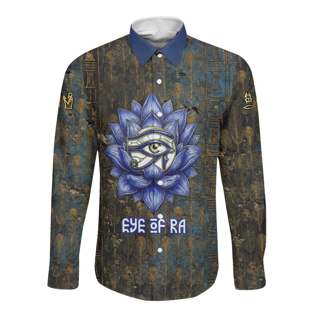 Khepri Ancient Egyptian Long Sleeve Button Shirt Dark Hieroglyphic, Blue Lotus Eye Symbol, and Winged Scarab Resurrection - Wonder Print Shop