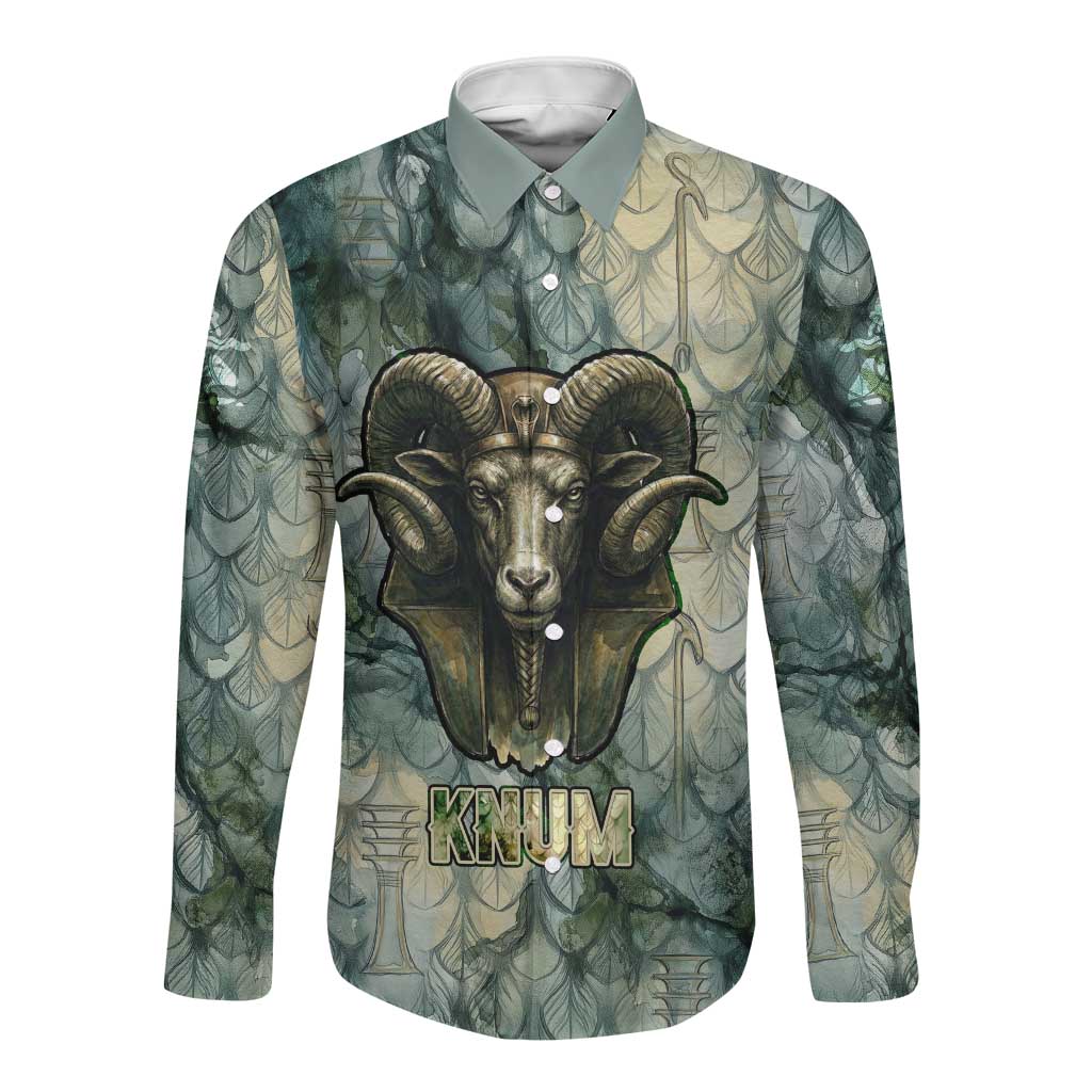 Khnum Ancient Egyptian Long Sleeve Button Shirt with Smoky Leaf, Ram Head Emblem, and Guardian of the Cataract - Wonder Print Shop