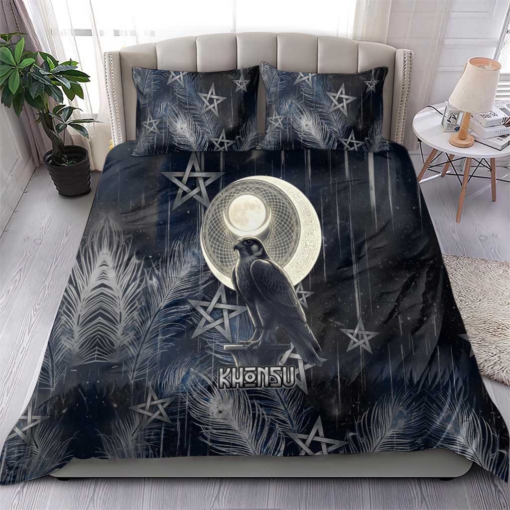 Khonsu Bedding Set Ancient Egyptian Dark Feather Pattern, Moonlit Raven Symbol, and Eye Lotus - Wonder Print Shop