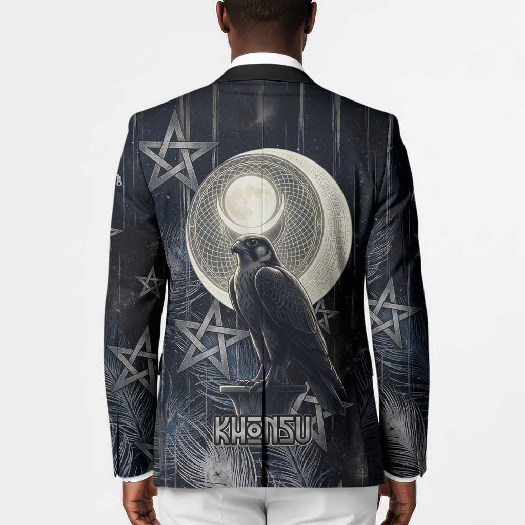 Khonsu Blazer Ancient Egyptian Dark Feather Pattern, Moonlit Raven Symbol, and Eye Lotus - Wonder Print Shop