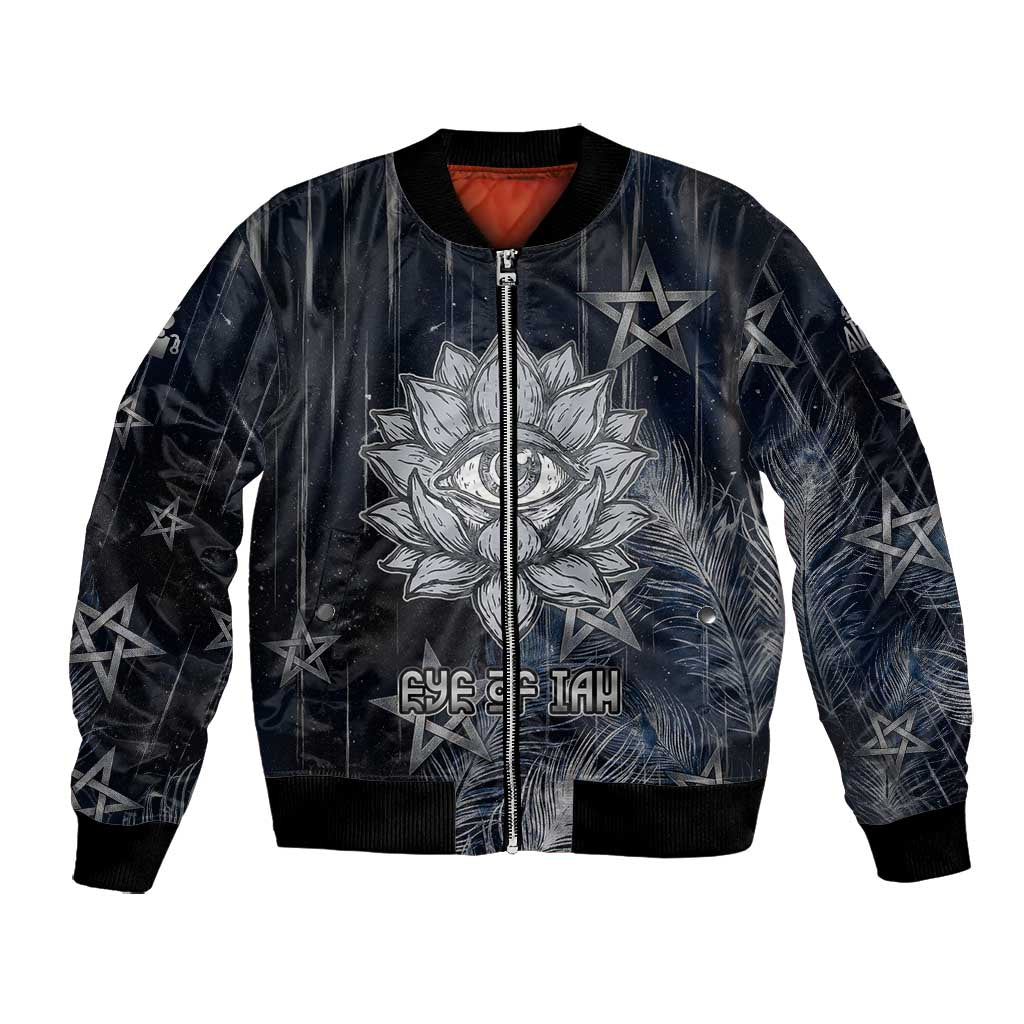 Khonsu Bomber Jacket Ancient Egyptian Dark Feather Pattern, Moonlit Raven Symbol, and Eye Lotus - Wonder Print Shop