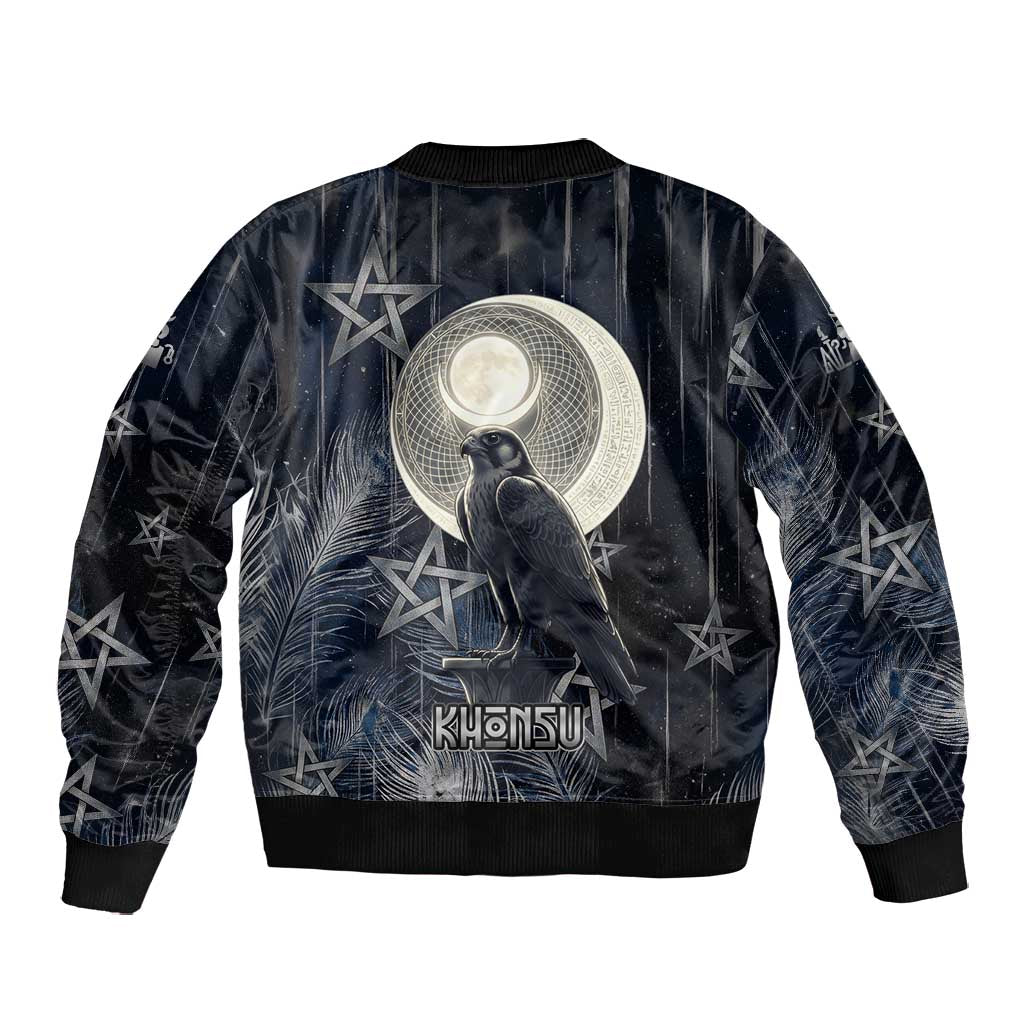 Khonsu Bomber Jacket Ancient Egyptian Dark Feather Pattern, Moonlit Raven Symbol, and Eye Lotus - Wonder Print Shop