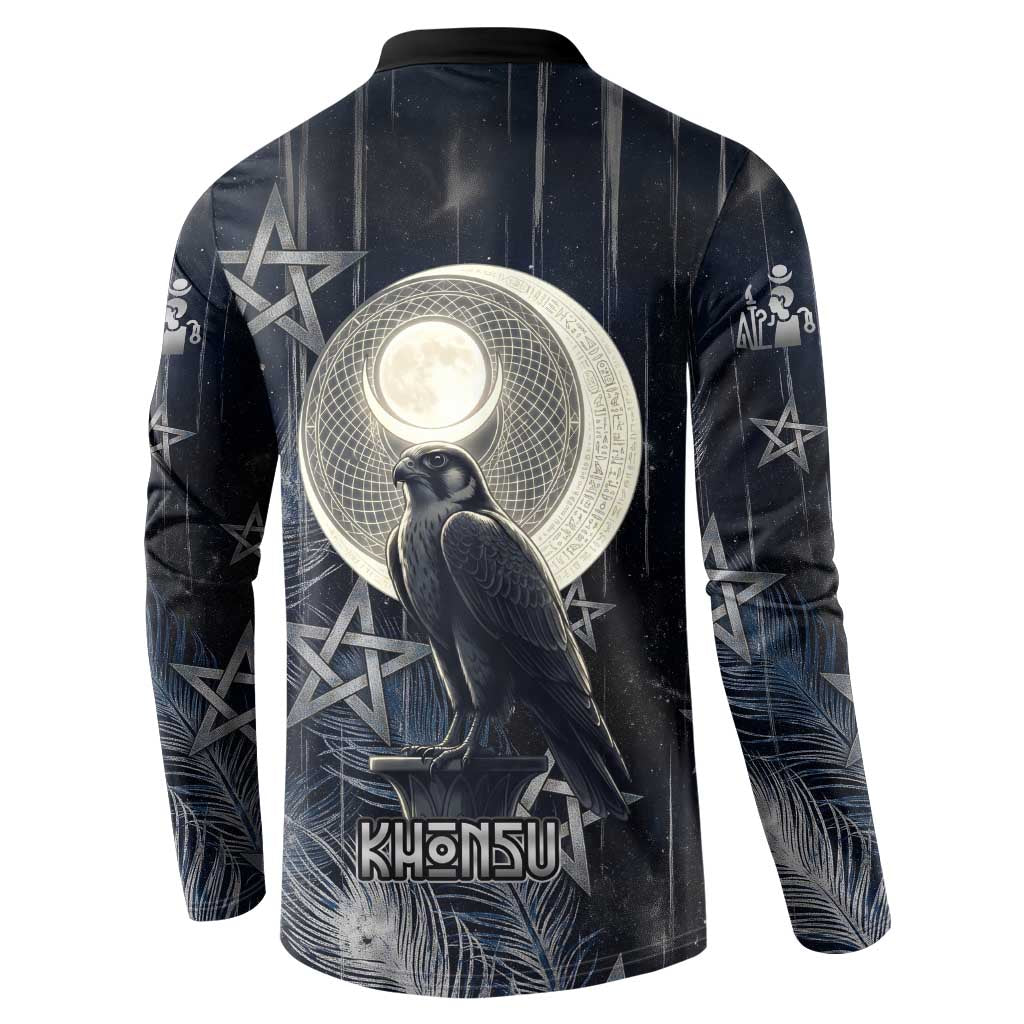 Khonsu Button Sweatshirt Ancient Egyptian Dark Feather Pattern, Moonlit Raven Symbol, and Eye Lotus