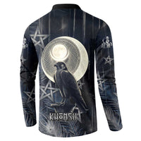 Khonsu Button Sweatshirt Ancient Egyptian Dark Feather Pattern, Moonlit Raven Symbol, and Eye Lotus