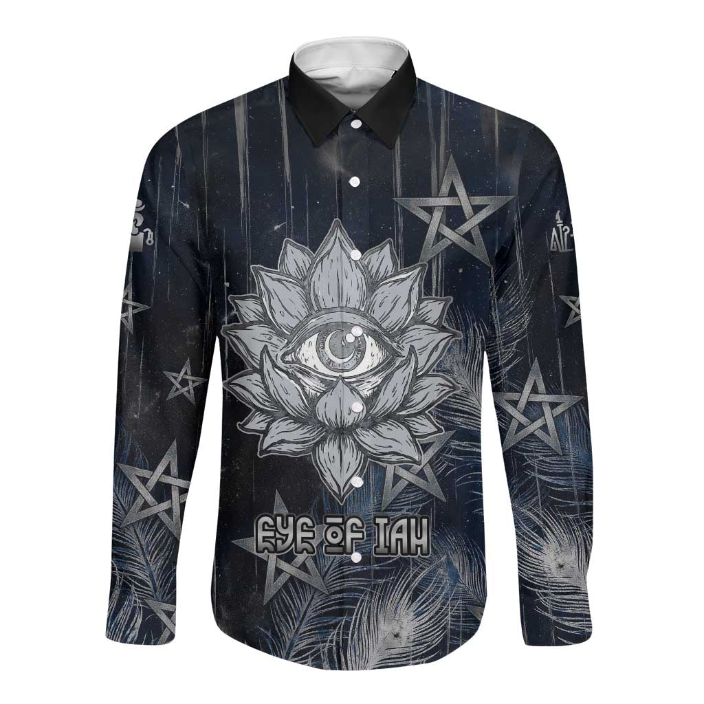 Khonsu Long Sleeve Button Shirt Ancient Egyptian Dark Feather Pattern, Moonlit Raven Symbol, and Eye Lotus - Wonder Print Shop