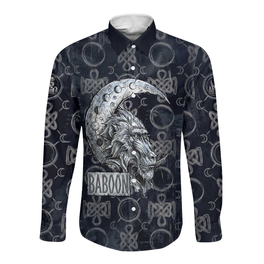 Khonsu Ancient Egyptian Long Sleeve Button Shirt with Dark Celtic Knot Pattern, Baboon Guardian Symbol, and Moon Healer Motif - Wonder Print Shop