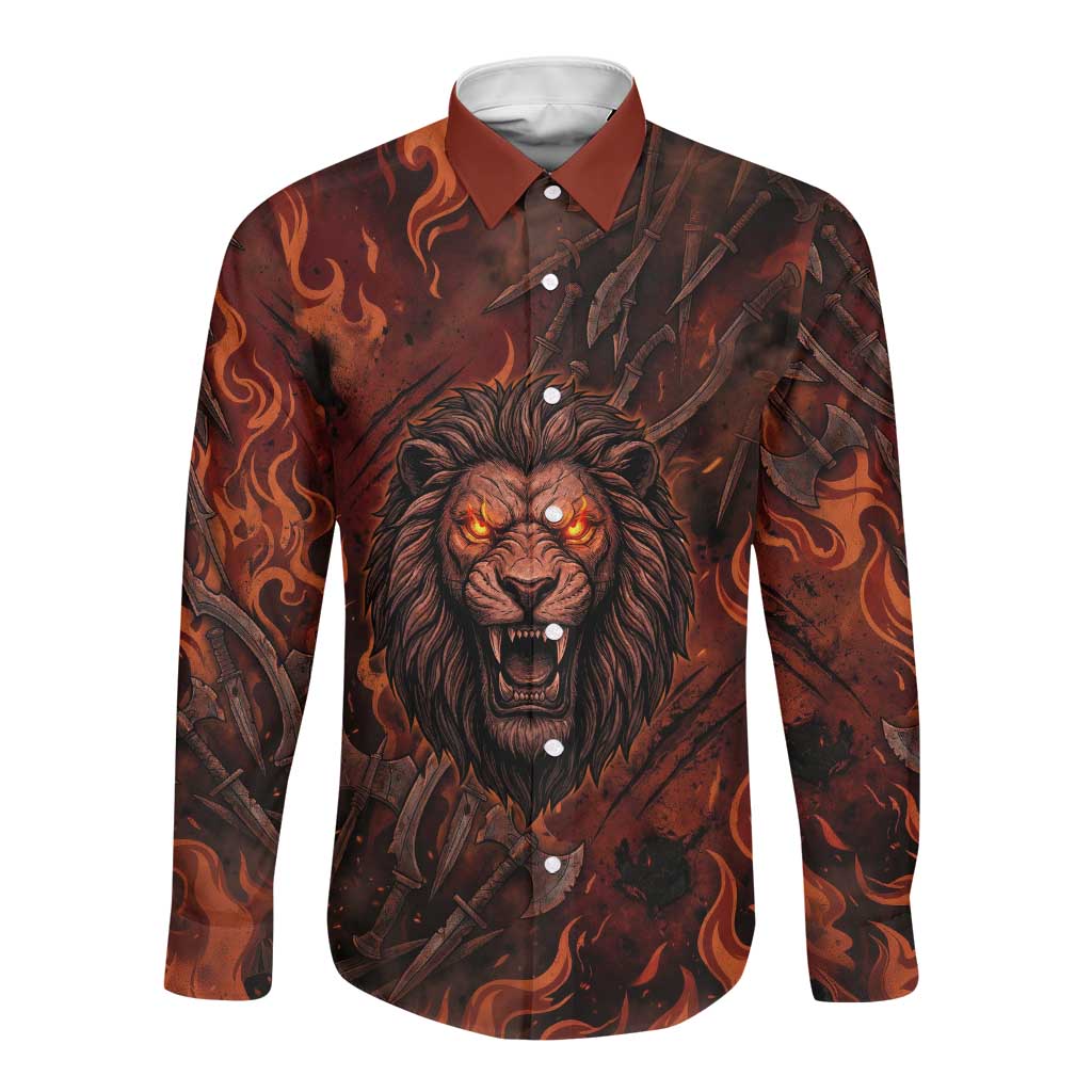 Maahes Long Sleeve Button Shirt Ancient Egyptian Fiery Red Flame - Roaring Lion Head - Wonder Print Shop
