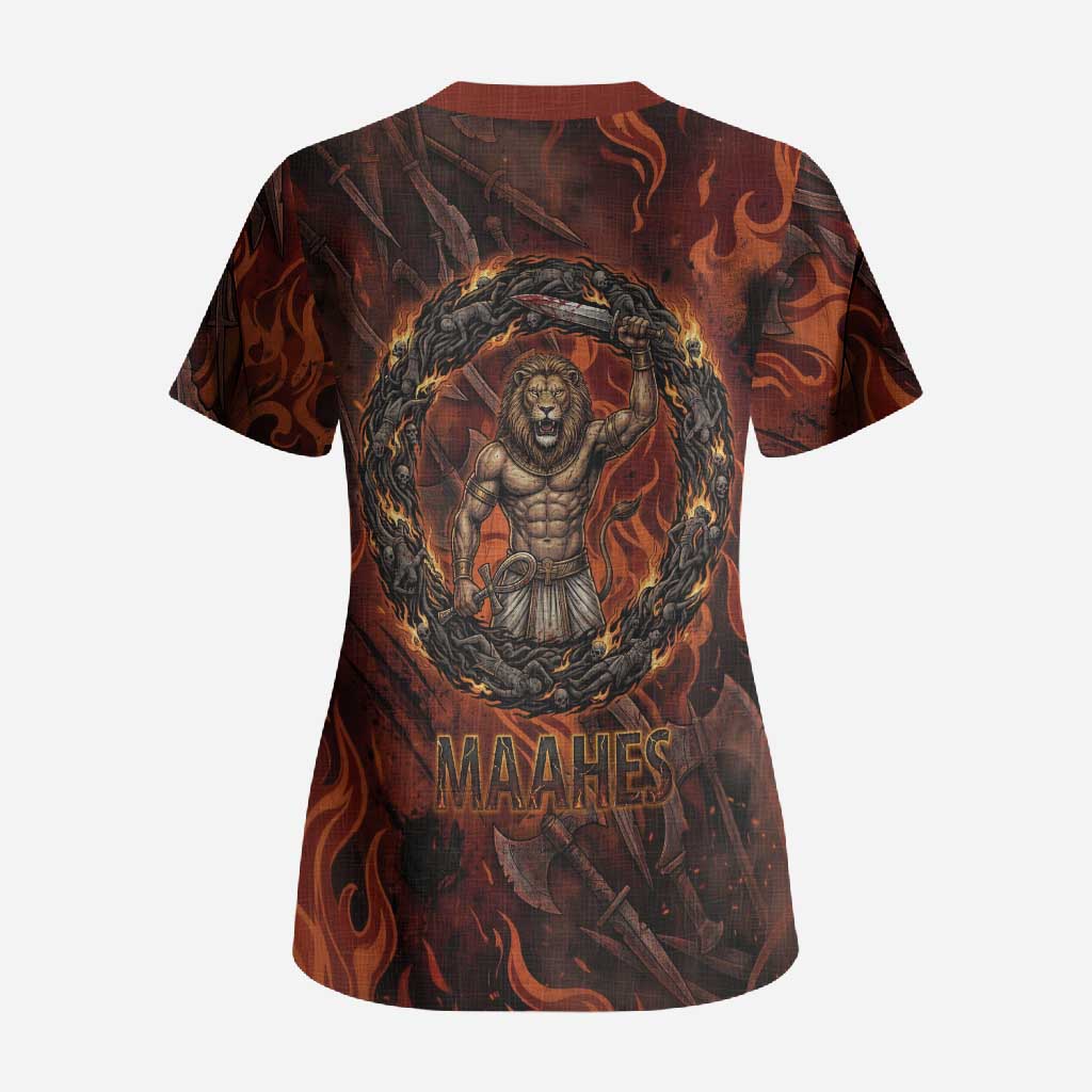 Maahes Scrub Top Ancient Egyptian Fiery Red Flame - Roaring Lion Head - Wonder Print Shop