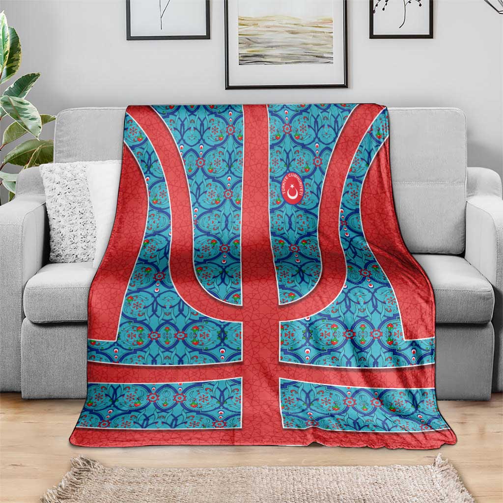 Blue Turkish Traditional Pattern and Red Blanket with National Flag Emblem