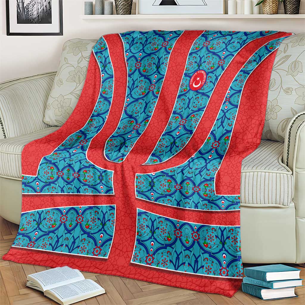 Blue Turkish Traditional Pattern and Red Blanket with National Flag Emblem
