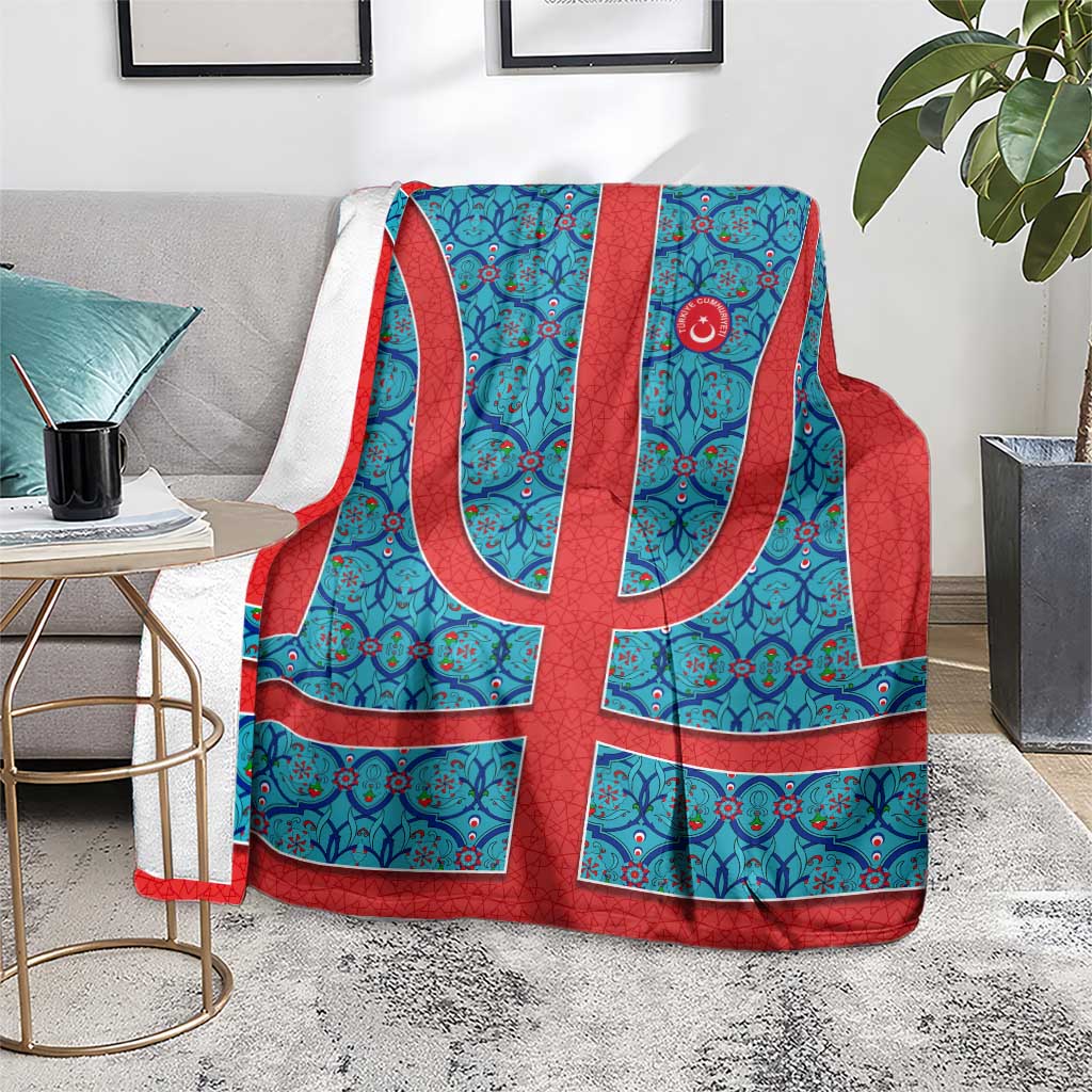 Blue Turkish Traditional Pattern and Red Blanket with National Flag Emblem