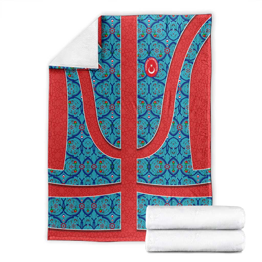 Blue Turkish Traditional Pattern and Red Blanket with National Flag Emblem