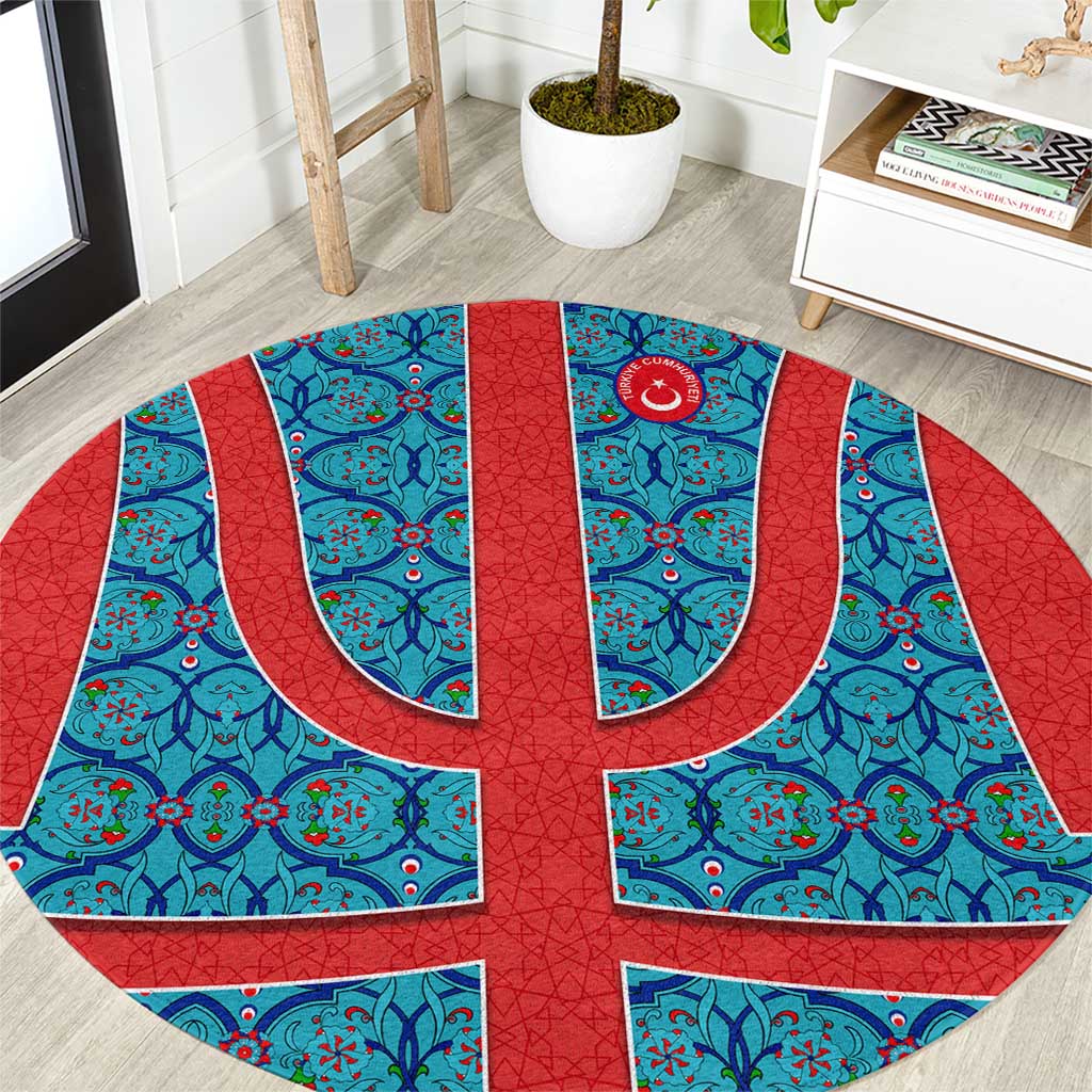 Round Turkish-style patterned rug with blue and red circular emblem medallion
