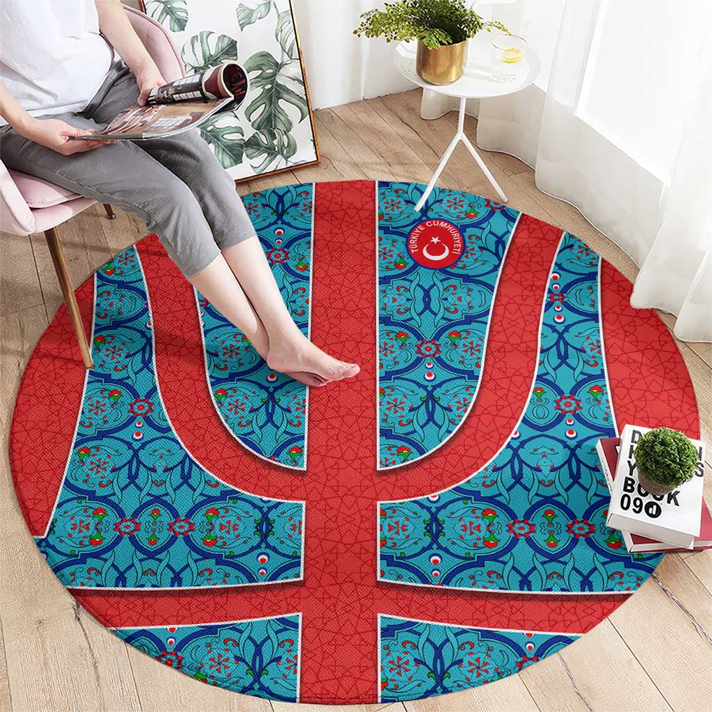 Round blue and red Turkish pattern rug with large red center emblem and crescent