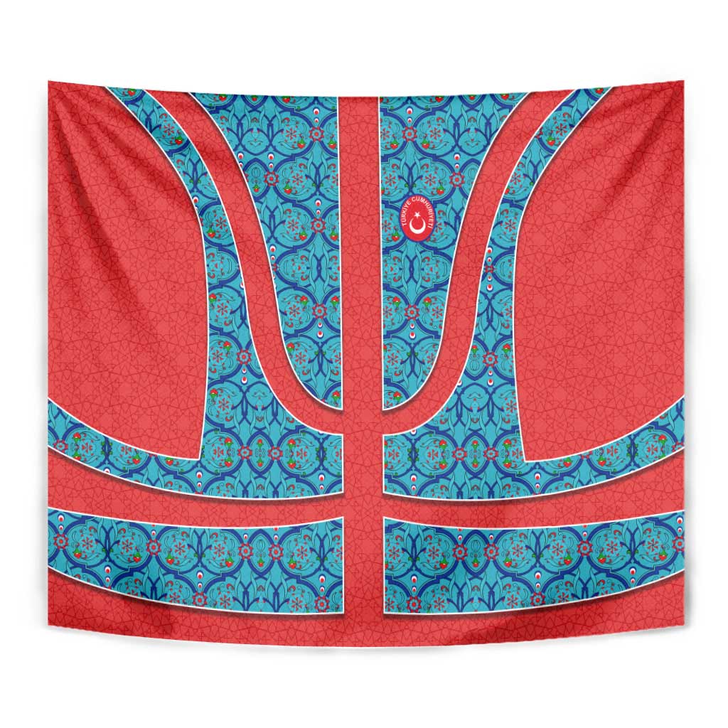 Blue Turkish Traditional Pattern and Red Tapestry with National Flag Emblem