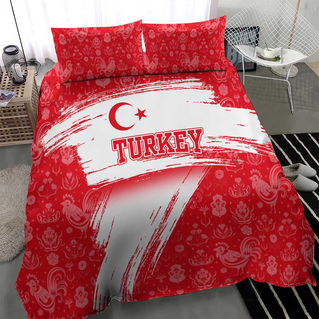 Turkey National Flag and Pattern Design Bedding Set with Red Brush Stroke Effect