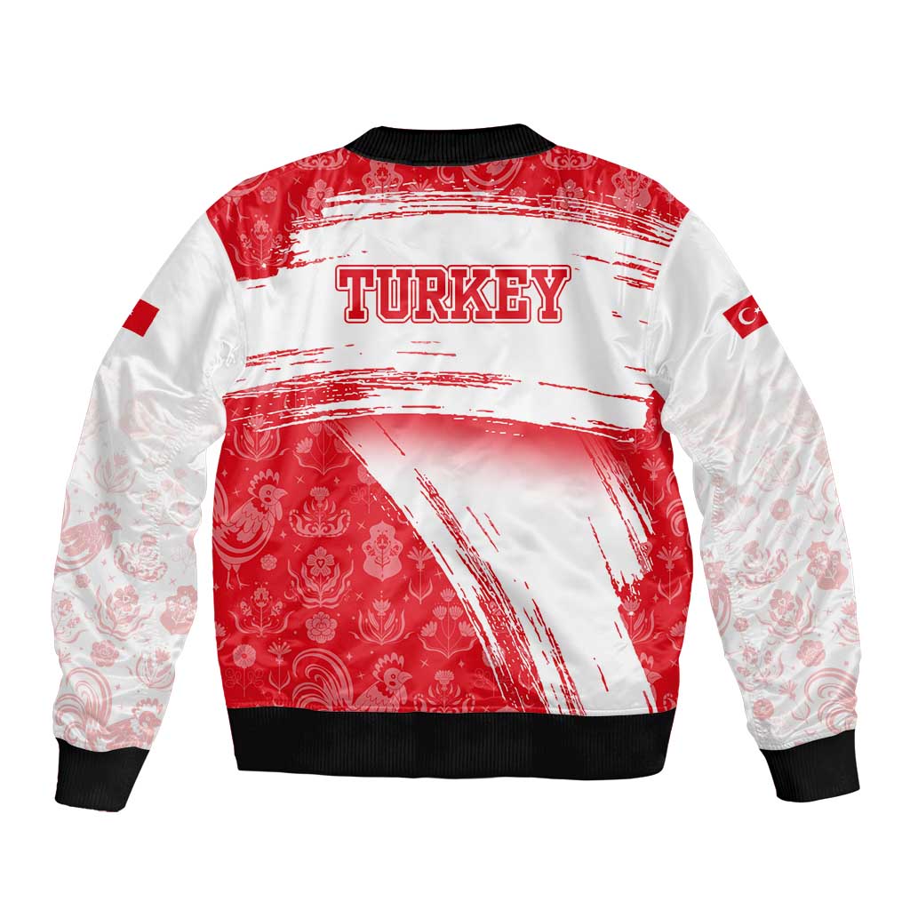 Turkey National Flag and Pattern Design Bomber Jacket with Red Brush Stroke Effect