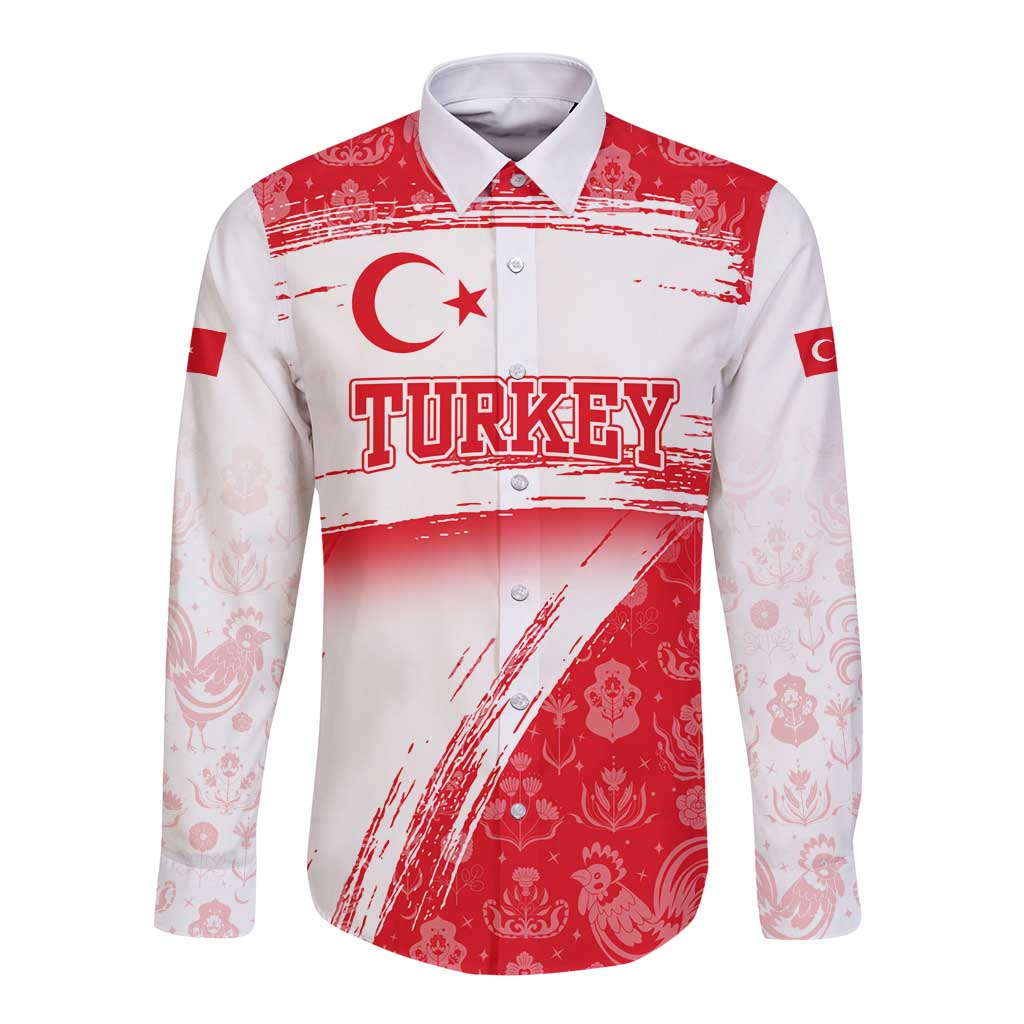 Unisex long-sleeve button shirt, white with red Turkey flag brush-stroke print