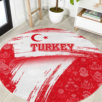 Turkey National Flag and Pattern Design Round Carpet with Red Brush Stroke Effect