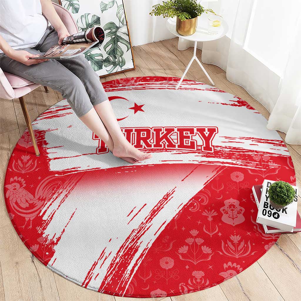 Turkey National Flag and Pattern Design Round Carpet with Red Brush Stroke Effect