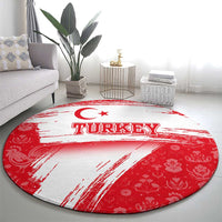 Turkey National Flag and Pattern Design Round Carpet with Red Brush Stroke Effect