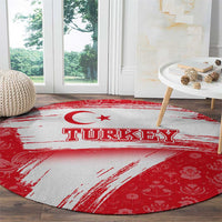 Turkey National Flag and Pattern Design Round Carpet with Red Brush Stroke Effect