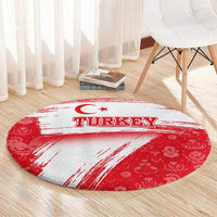 Turkey National Flag and Pattern Design Round Carpet with Red Brush Stroke Effect