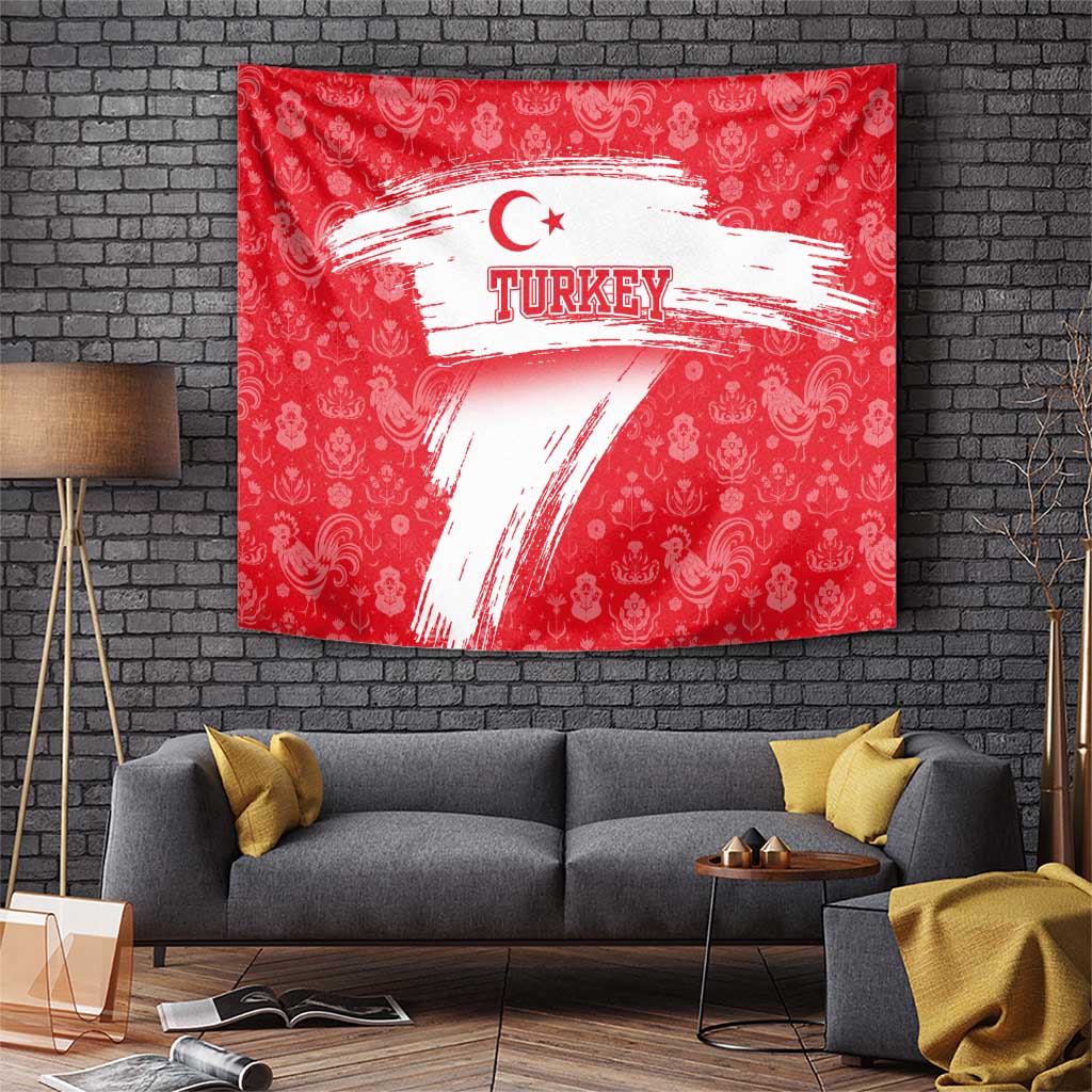 Turkey National Flag and Pattern Design Tapestry with Red Brush Stroke Effect