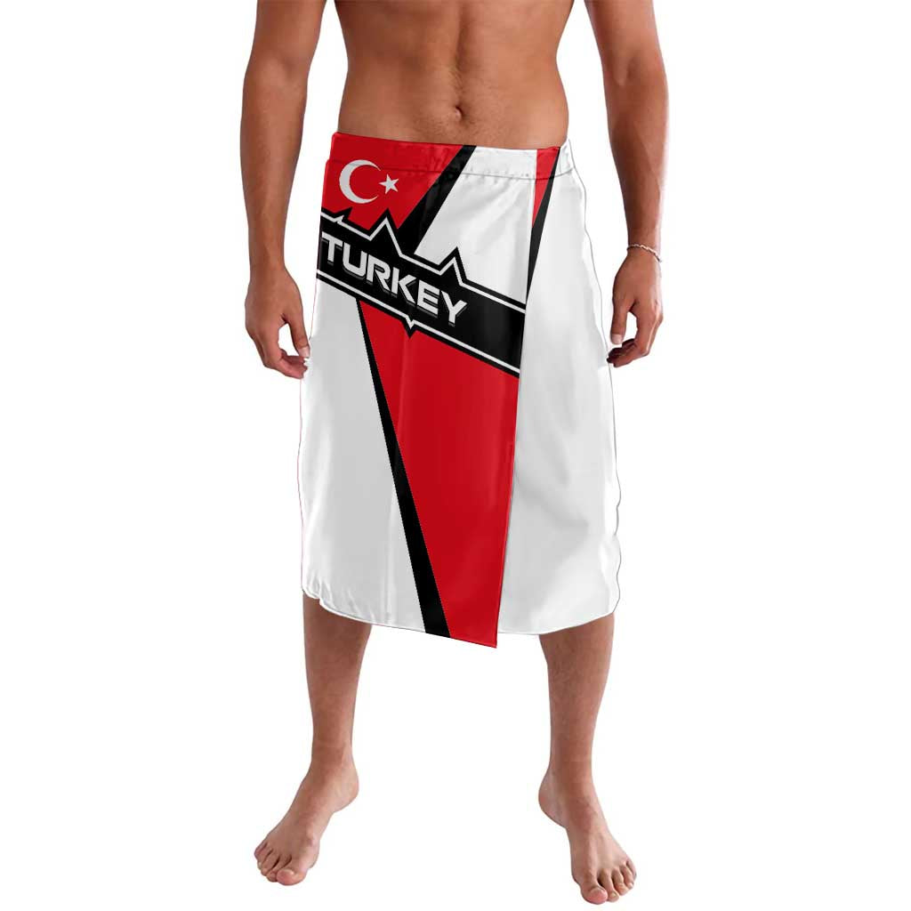 Lavalava wrap skirt with Turkish flag graphic, red, black, and white panels