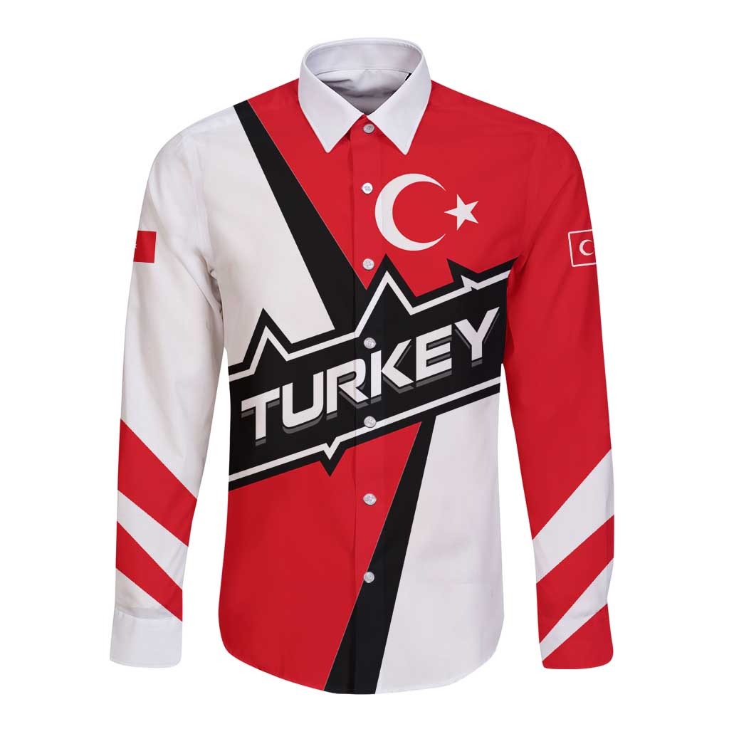 Long sleeve button shirt with red, white and black Turkey flag graphic front