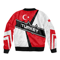 Back of Turkey graphic zip bomber jacket in red, black, and white with large logo