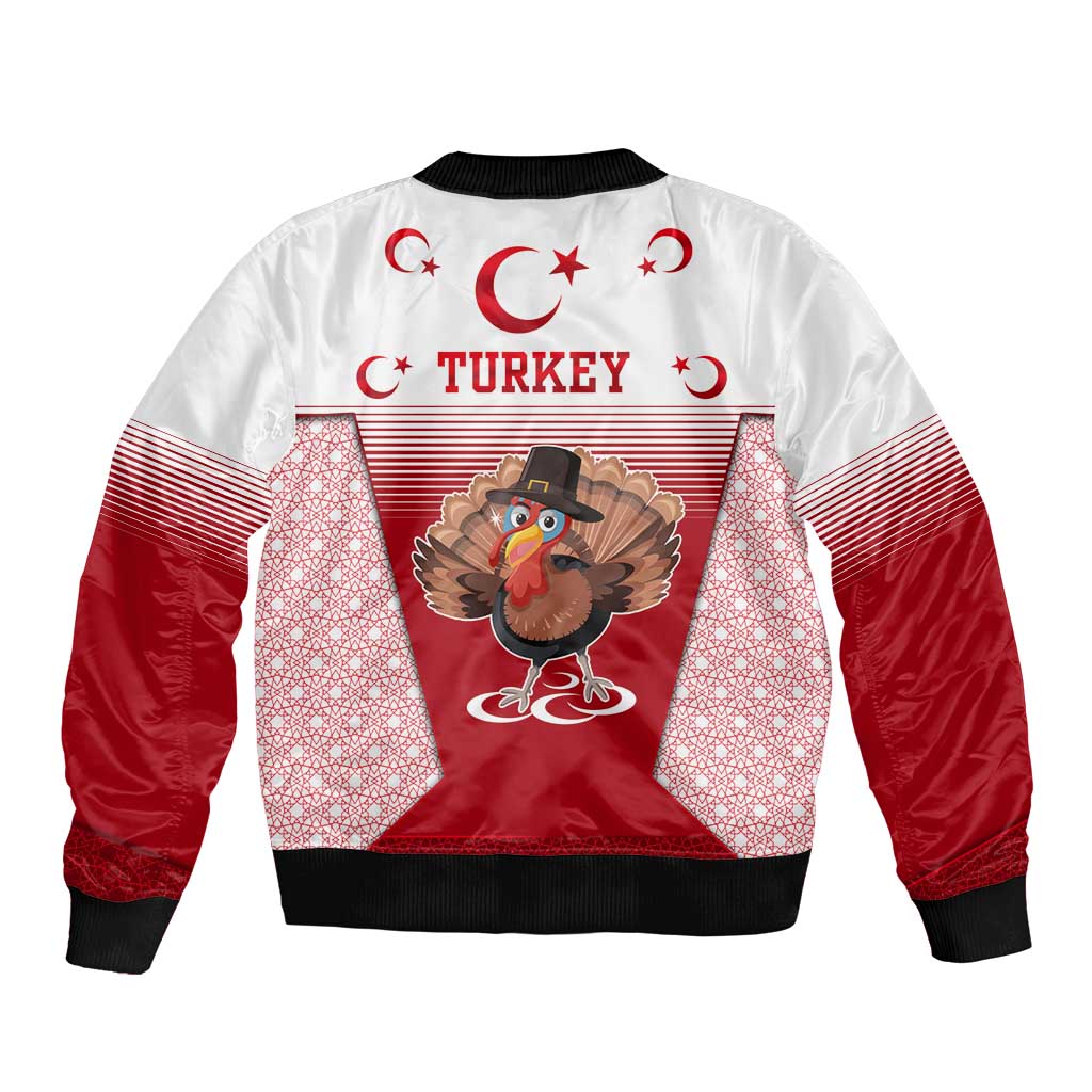 White and red zip-up bomber jacket with Turkey cartoon bird, Turkey text, and stripes
