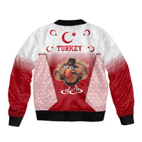 White and red zip-up bomber jacket with Turkey cartoon bird, Turkey text, and stripes