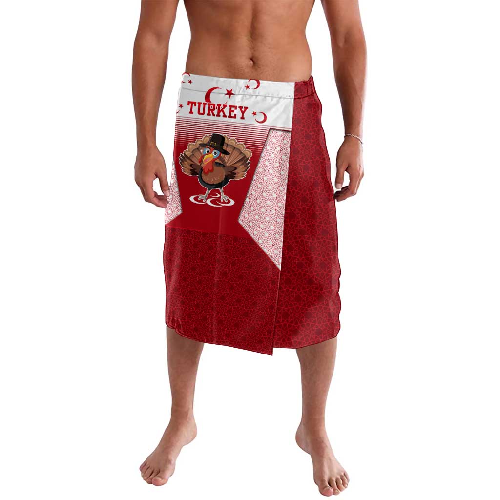 Cartoon turkey bird lavalava skirt with red base, white diagonal panel, and emblem