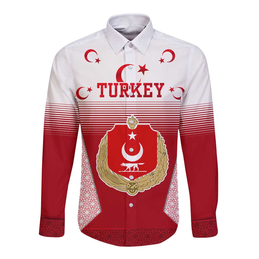 Turkey-themed long sleeve button shirt with red–white gradient crest and stars print
