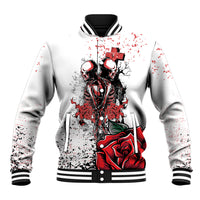 White baseball jacket with red and black skeleton graphic on front, ribbed cuffs