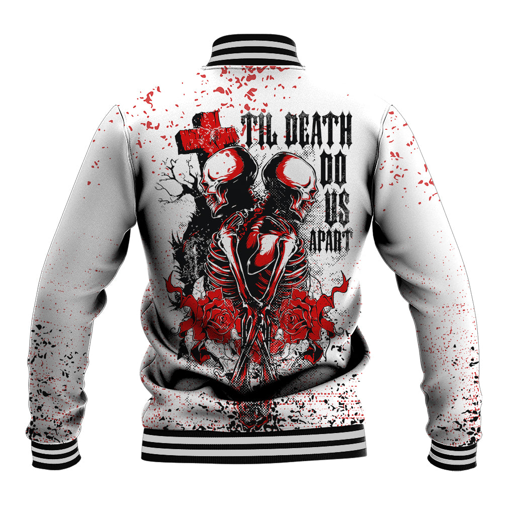White baseball jacket with red and black skeleton graphic on back