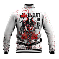 White baseball jacket with red and black skeleton graphic on back